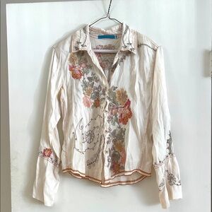 Johnny Was Cream Floral Embroidered Button Down Shirt